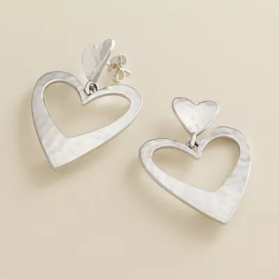 Hammered Double Heart Drop Earrings 4 Hammered Double Heart Drop Earrings - Image 2